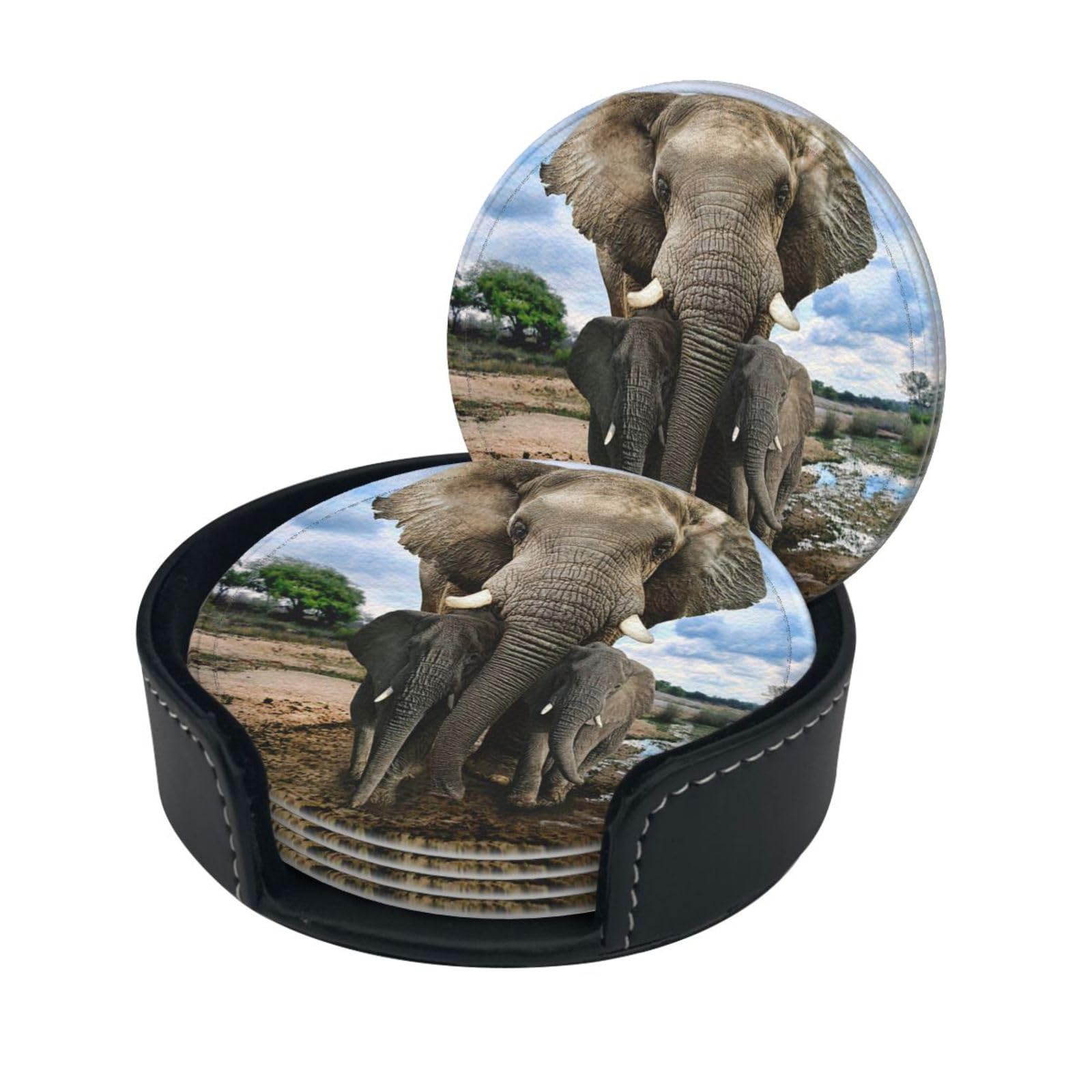 Wquvmds White African Wild Animals Elephant Print Coasters For Drinks With Holder Set Of 6, Pu Leather Coasters Drink Coasters Cup Pad Mats