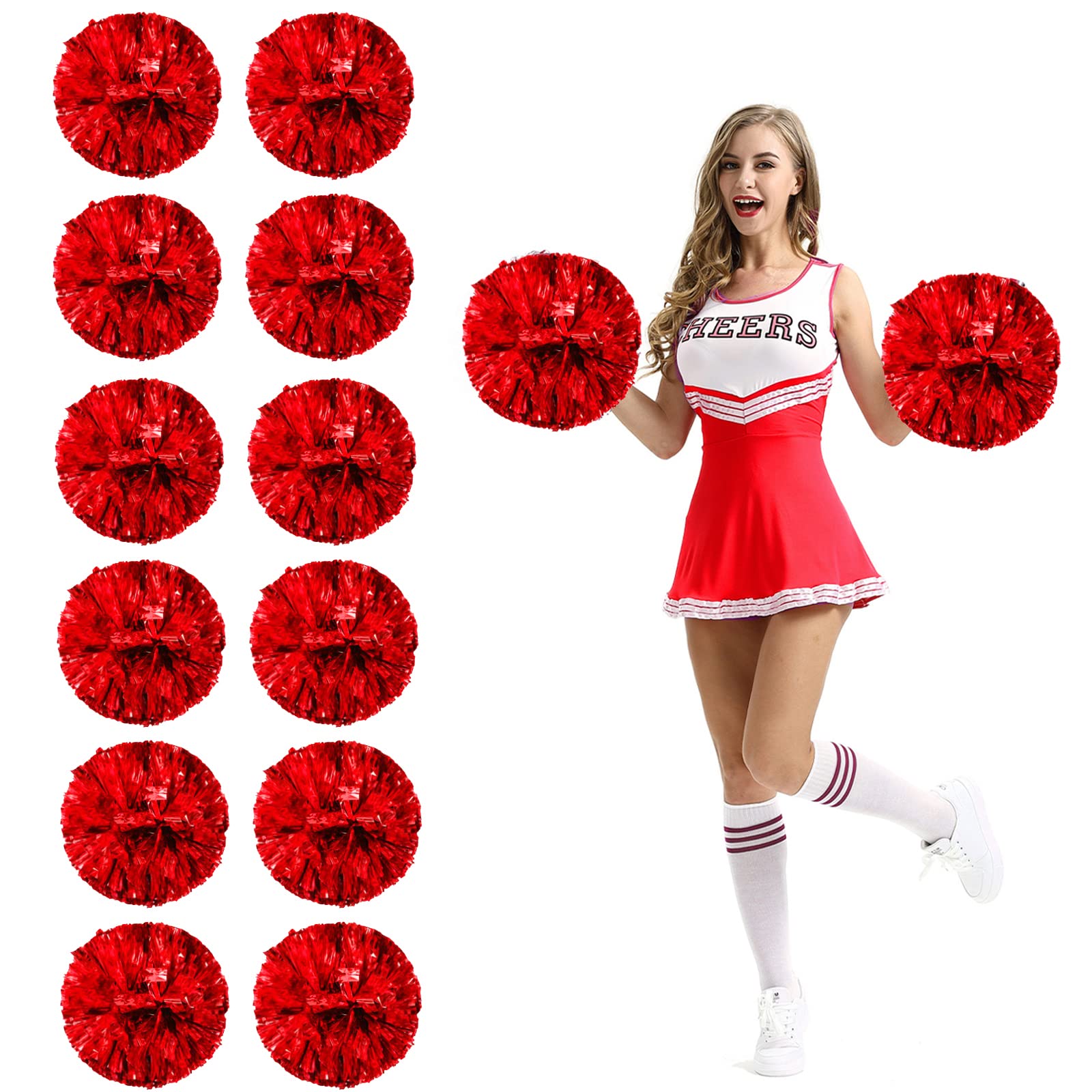 12Pcs Cheerleading Pom Poms with Finger Holes Metallic Foil Cheer Pom Poms for Dance, Matches, Team Spirit Sports, Stage Performance, Carnival Celebration (12pcs-Red)