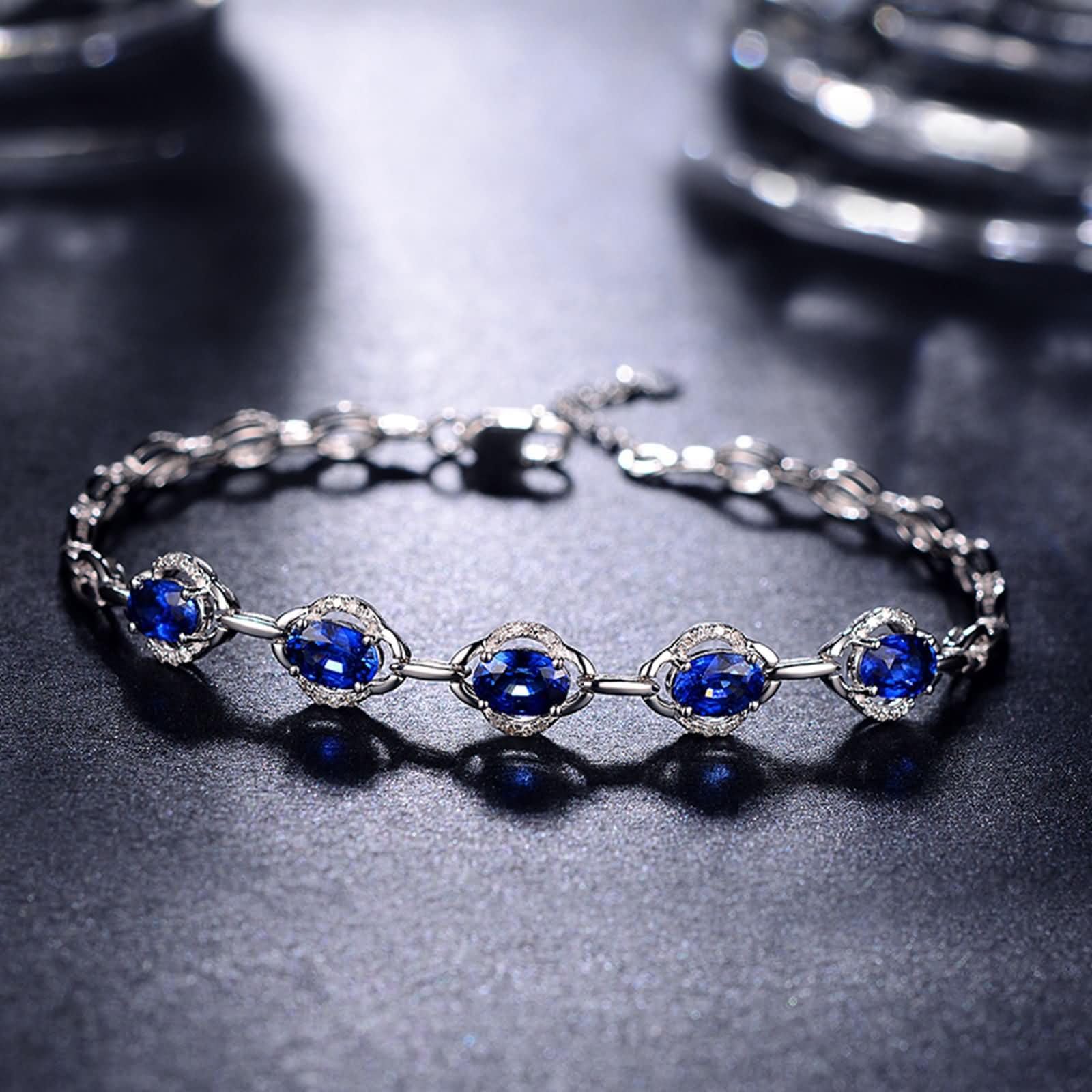 Pulsera de Mujer Oro Blanco 9Kilates / 14Kilates / 18Kilates, Oval con Zafiro y Diamante, Cadena Extensible 16 CM + 5 CM, Pulseras de Plata Azul de Mujer Ajustable