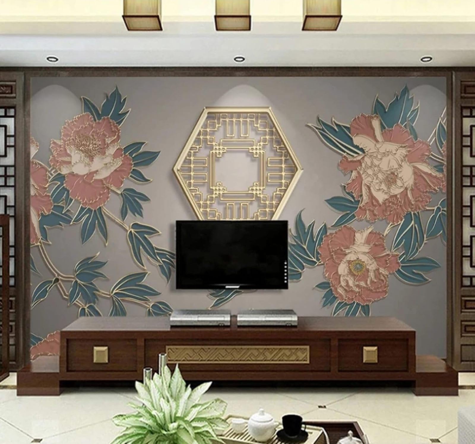 Wallpaper-3D-Xlm 200Cm×140Cm(B×H) Creative Classical Gold Window Lace Peony 3D Wallpaper Easy Install Feature Office Living Room Sofa Bedroom Tv Background Wall Decoration-200Cm×140Cm