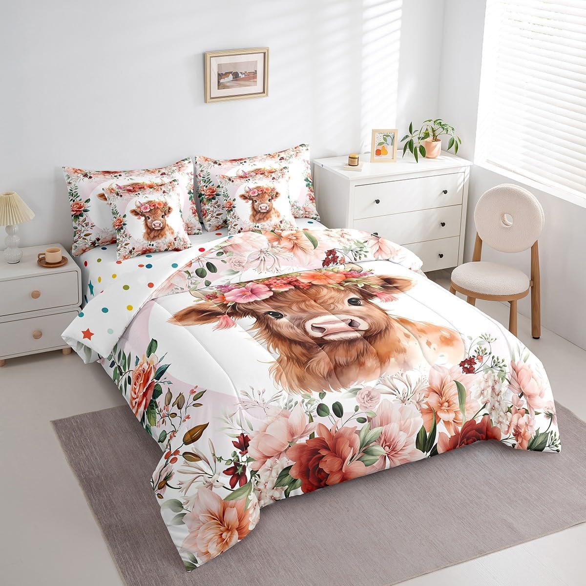 Feelyou Cute Highland Cow Bedding Set Twin Size 7 Pieces Cartoon Animal Comforter Set Flower Floral Print Farm Zoo Garden Theme Bed in a Bag with Comforter, Sheets, Pillowcases & Cushion Cover