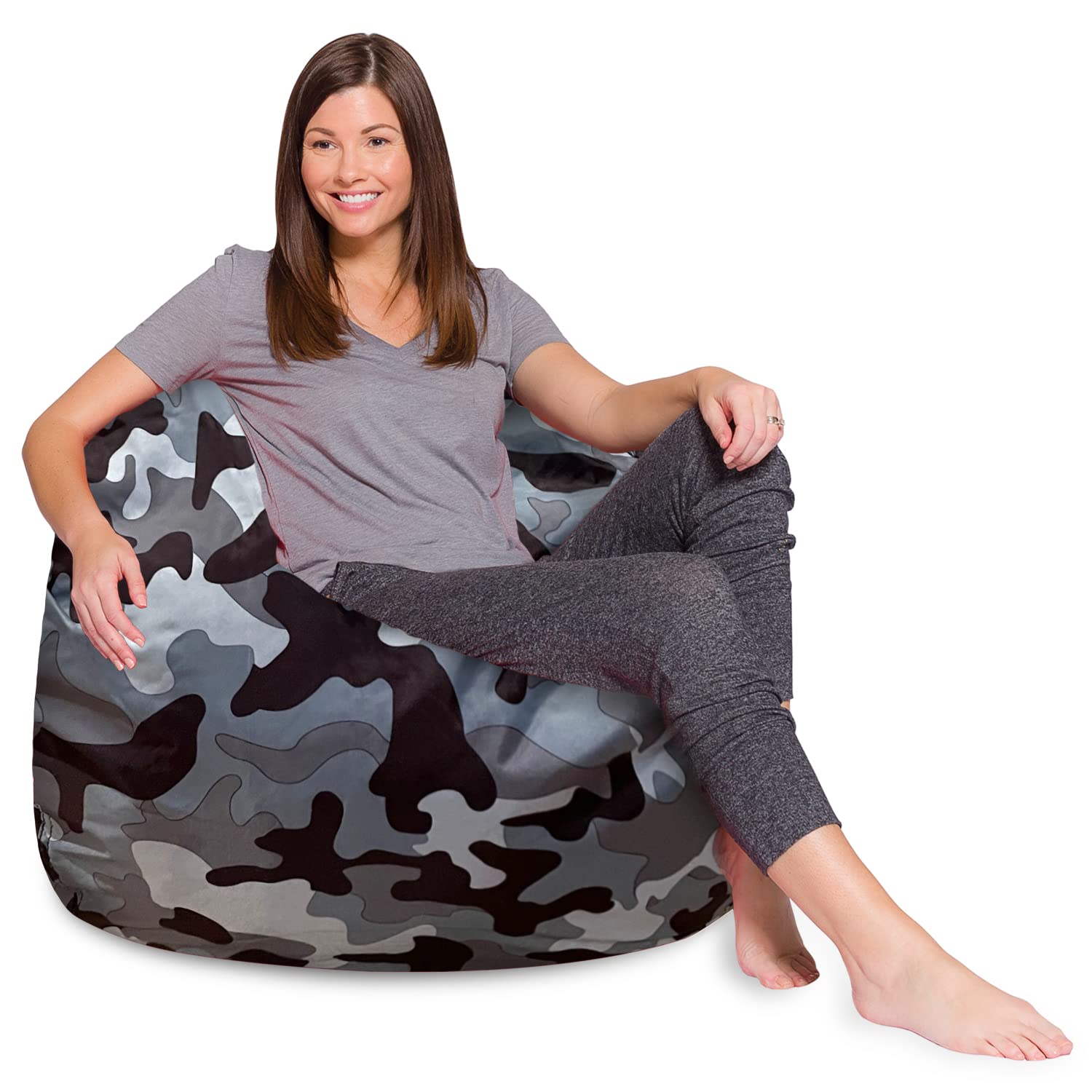Posh Creations Bean Bag Chair for Kids, Teens, and Adults Includes Removable and Machine Washable Cover, Soft Nylon - Camo Gray and White, 48in - X-Large