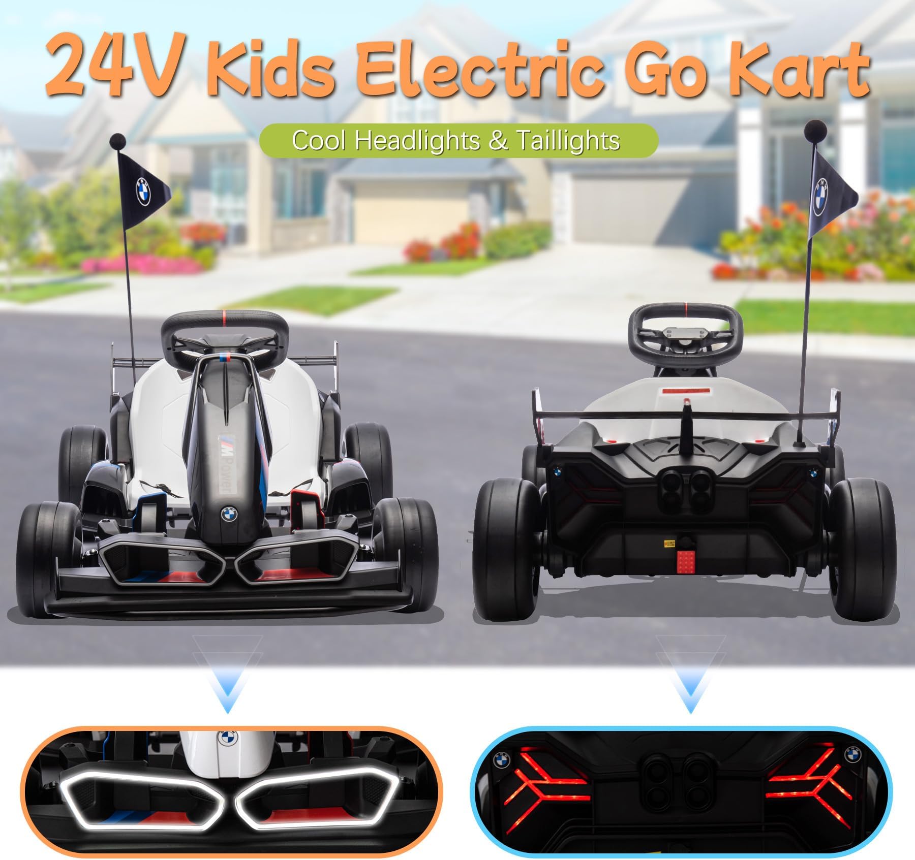 HyperMoto 24V Electric Go Kart for Kids, Licensed BMW Battery Powered Drift Racing Go Kart, 7.5 MPH Drift Kart with 400W Powerful Motor, Kids Race Pedal Go Karting Car w/Adjustable Seat, Black