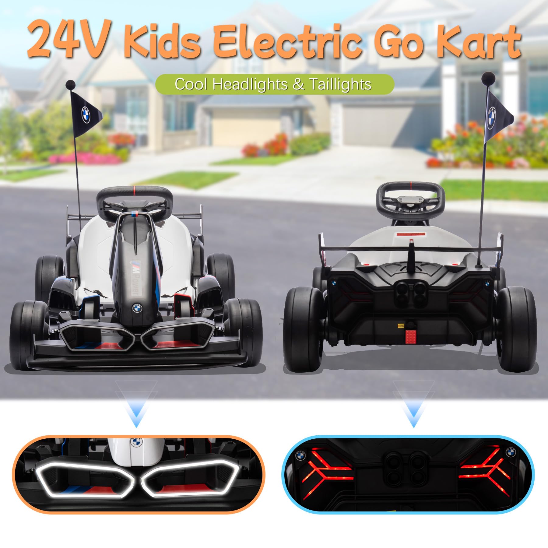 HyperMoto 24V Electric Go Kart for Kids, Licensed BMW Battery Powered Drift Racing Go Kart, 7.5 MPH Drift Kart with 400W Powerful Motor, Kids Race Pedal Go Karting Car w/Adjustable Seat, Black