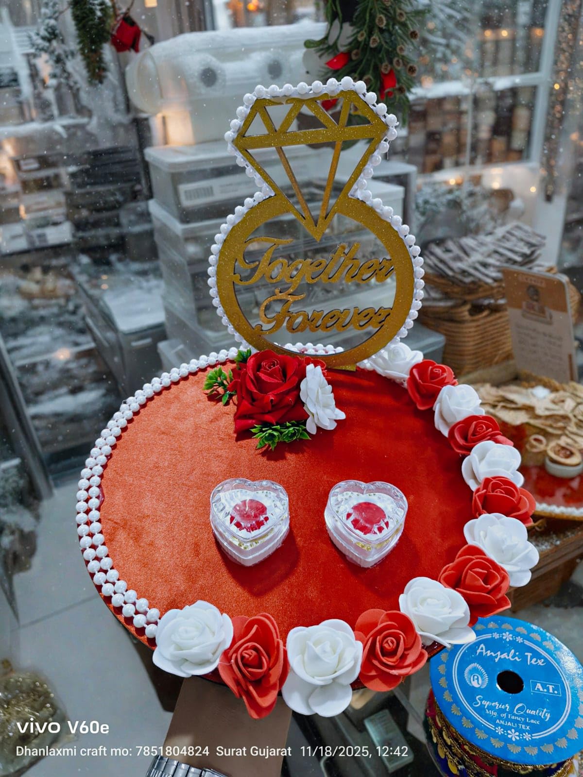 Engagement Ring Plate with Together Forever Topper, Red Velvet Base, Pearl Border, Rose Decorations