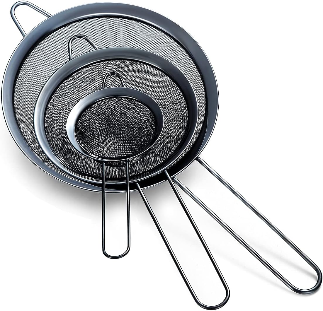 HOMQUEN Black Fine Mesh Strainer Set, Flour Sifter, Stainless Steel Clander, Matcha Tea Strainer, Gravy Separator, Pasta Strainers