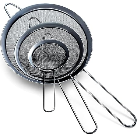 HOMQUEN Black Fine Mesh Strainer 3 Pieces Set, Black Flour Sifter for Baking, Stainless Steel Clander, Black Matcha Tea Strainer, Gravy Separator, Stasher Sieve Pasta Strainers