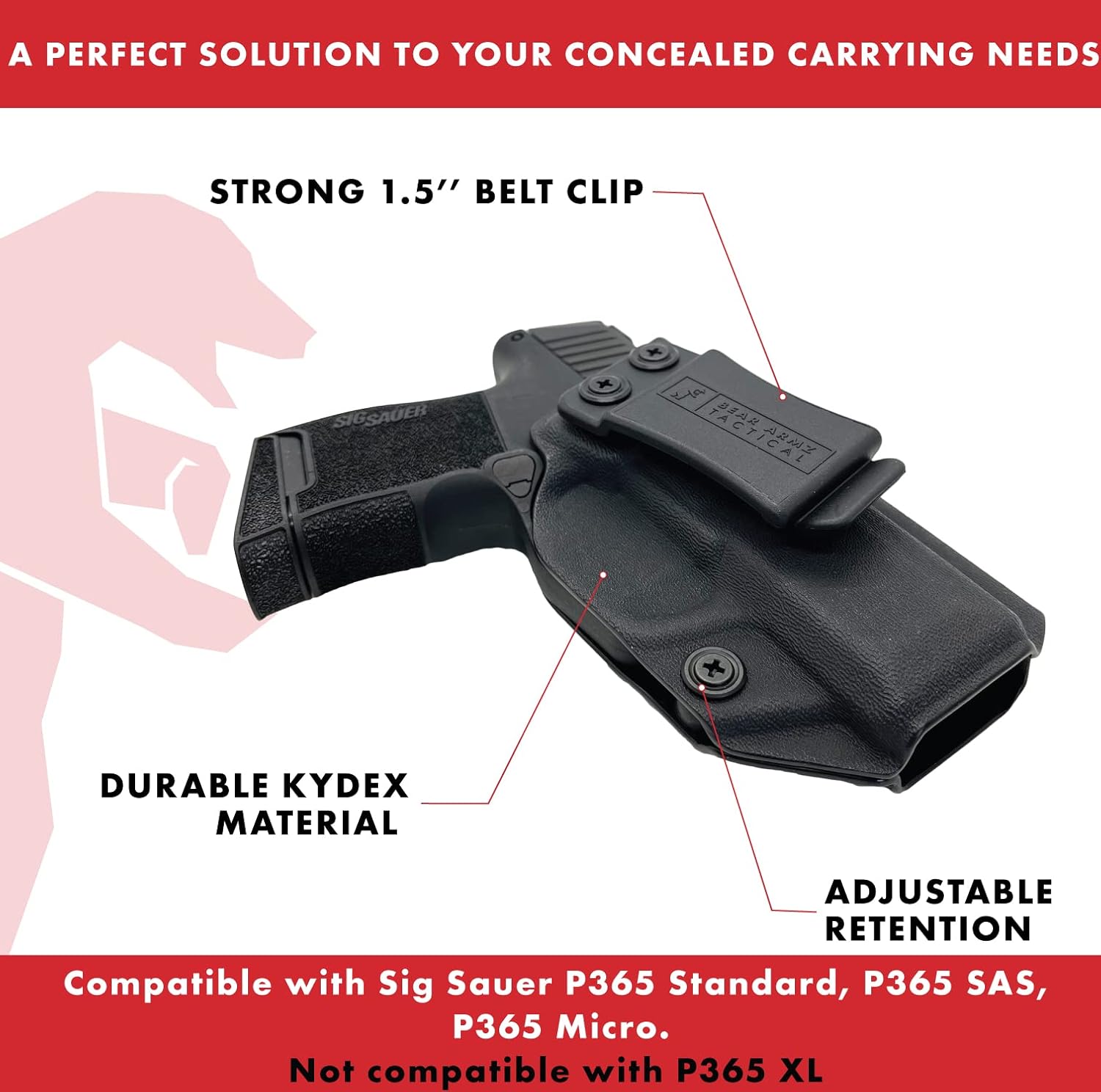 IWB Kydex Holster Compatible with: Sig Sauer P365 / P365 SAS / P365X Pistol | Inside Waistband | Adjustable Cant