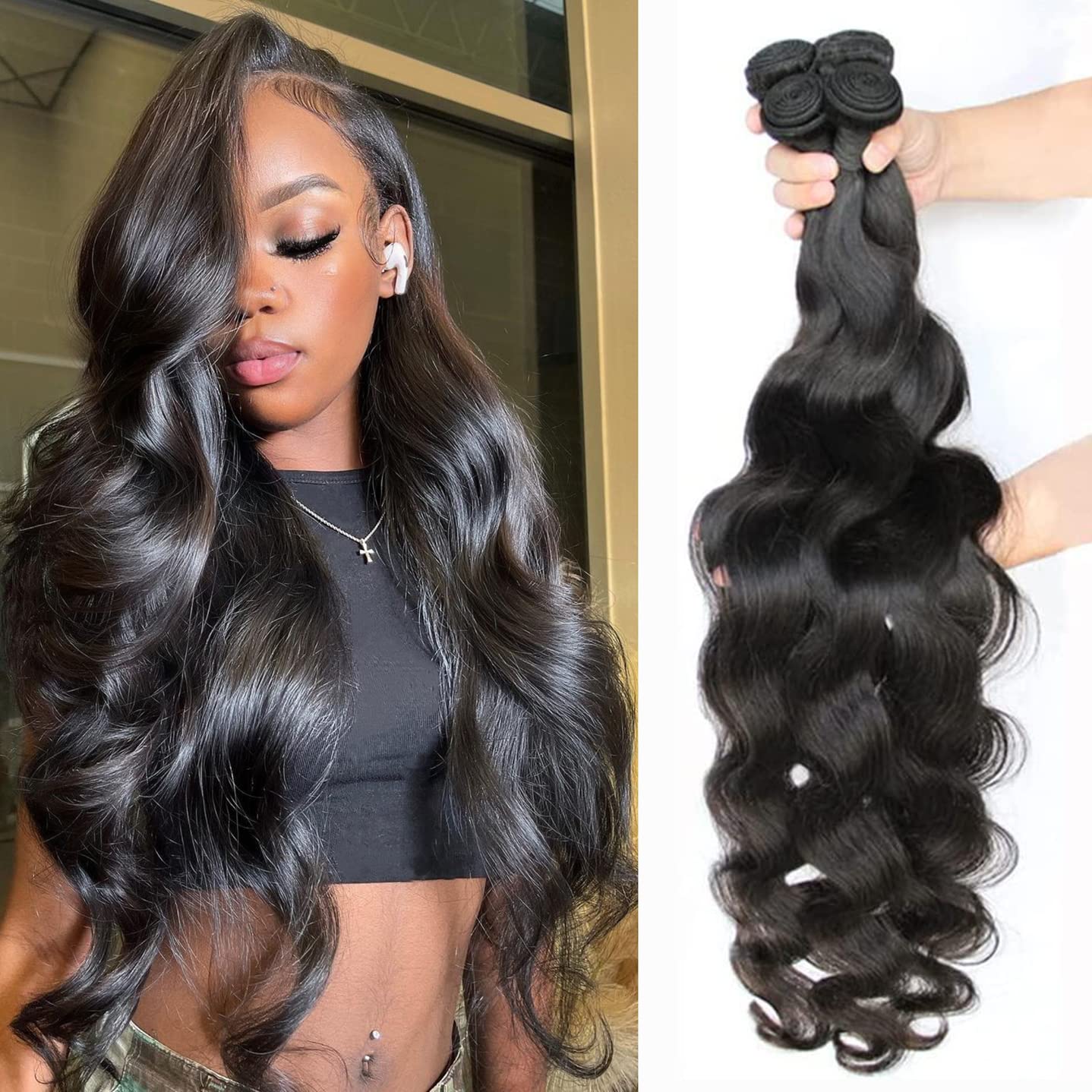 Human Hair Bundles Body Wave 4 Bundles (16 18 20 22 Inch) 12A Grade Brazilian Virgin 100% Unprocessed Human Hair Body Wavy Bundles Natural Black Weave