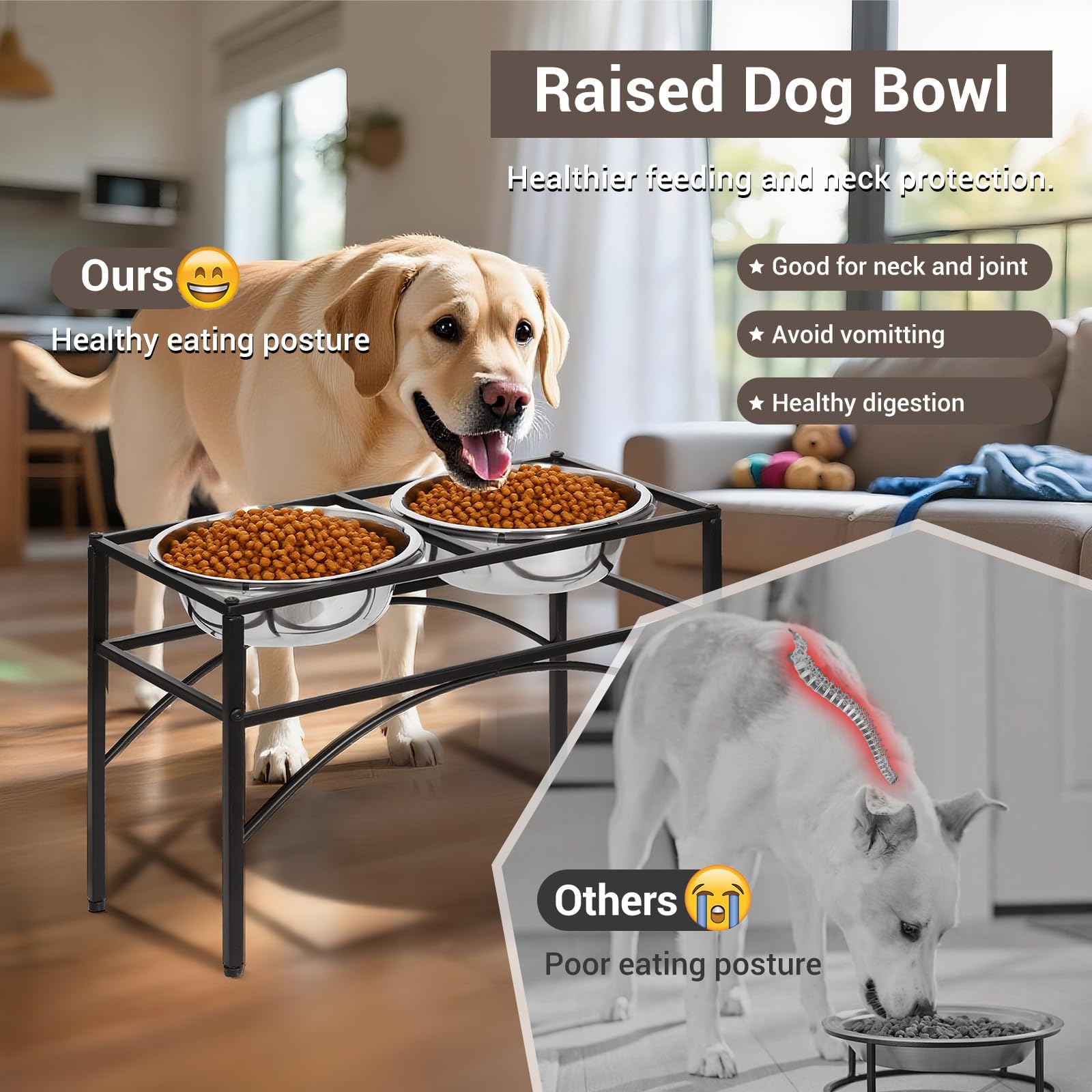 Cuenco elevado doble para perros con soporte de acero inoxidable elevado para mascotas, cuencos de alimentación para agua y alimentos antiderrames, para perros grandes (L)