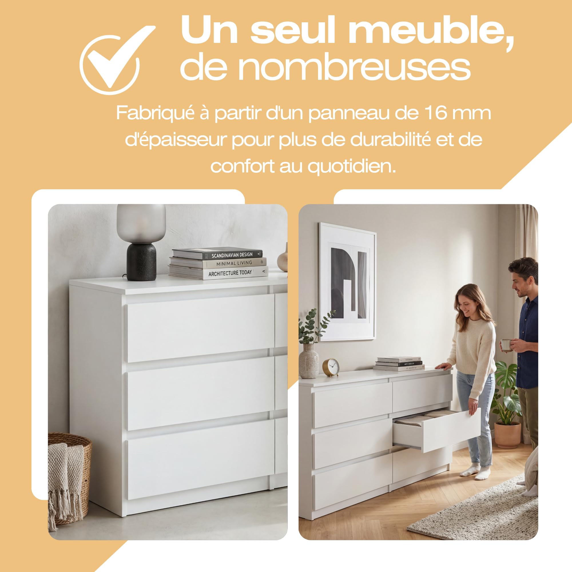 Commode 6 Tiroirs Blanc 120 cm - Design Minimaliste - 120 x 39 x 78,5 cm - Meuble de Rangement Spacieux pour Chambre, Salon ou Bureau