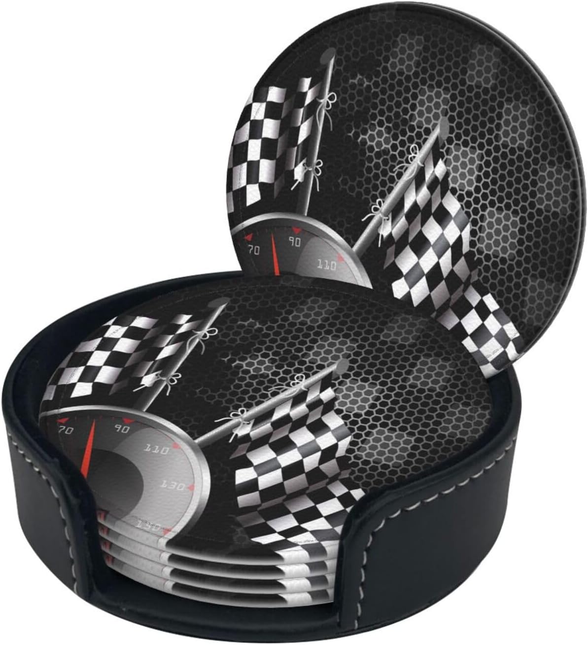 – Checkered Flag Racing Print Coaster With Storage Box For Home, Office, And Restaurant Use