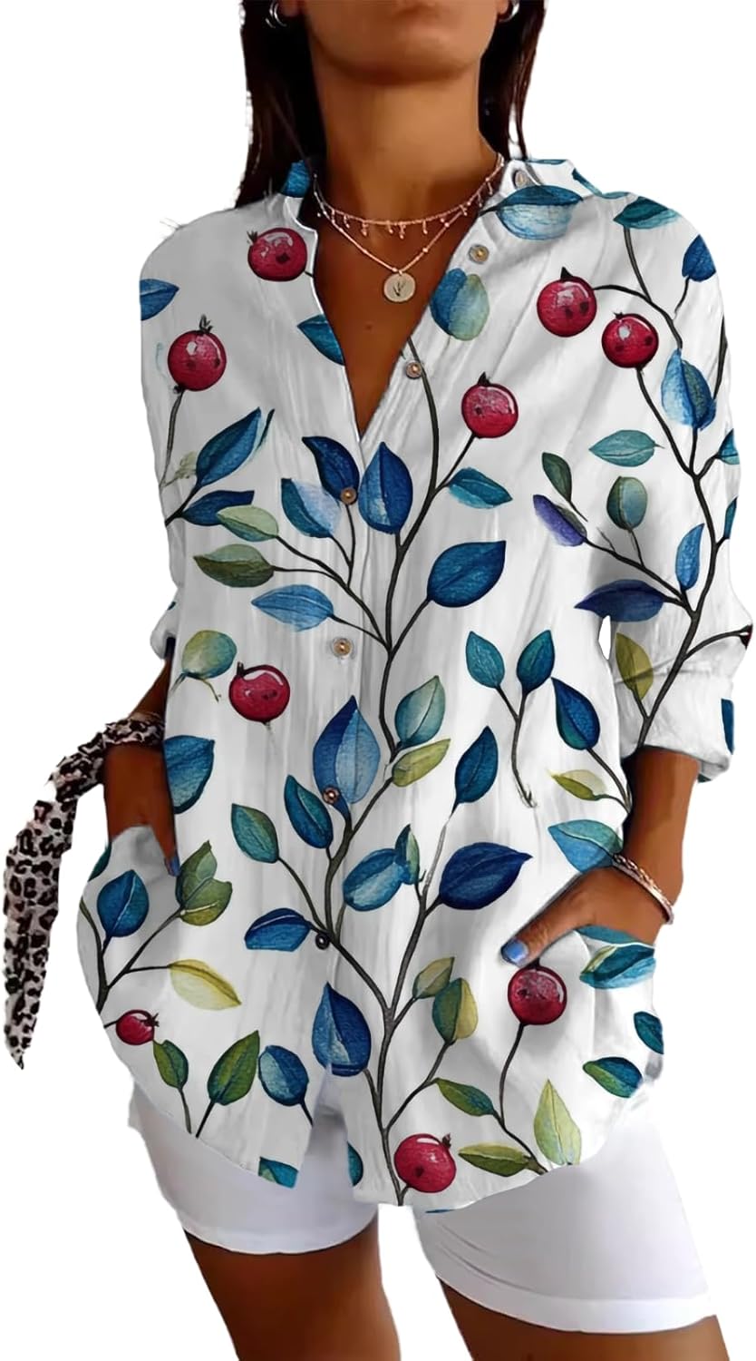 Boho Floral Linen Shirt for Women Elegent Rolled Three-Quarter Sleeves V Neck Colla...