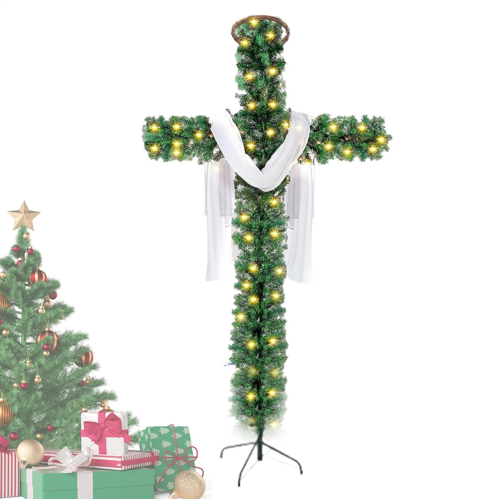 Árbol de Navidad Cruz Plegable - Árbol de Navidad Cruz Con Iluminación, 5 Pies De Pino Artificial Preiluminado, Árboles De Navidad Brillantes Con Bufanda De Seda
