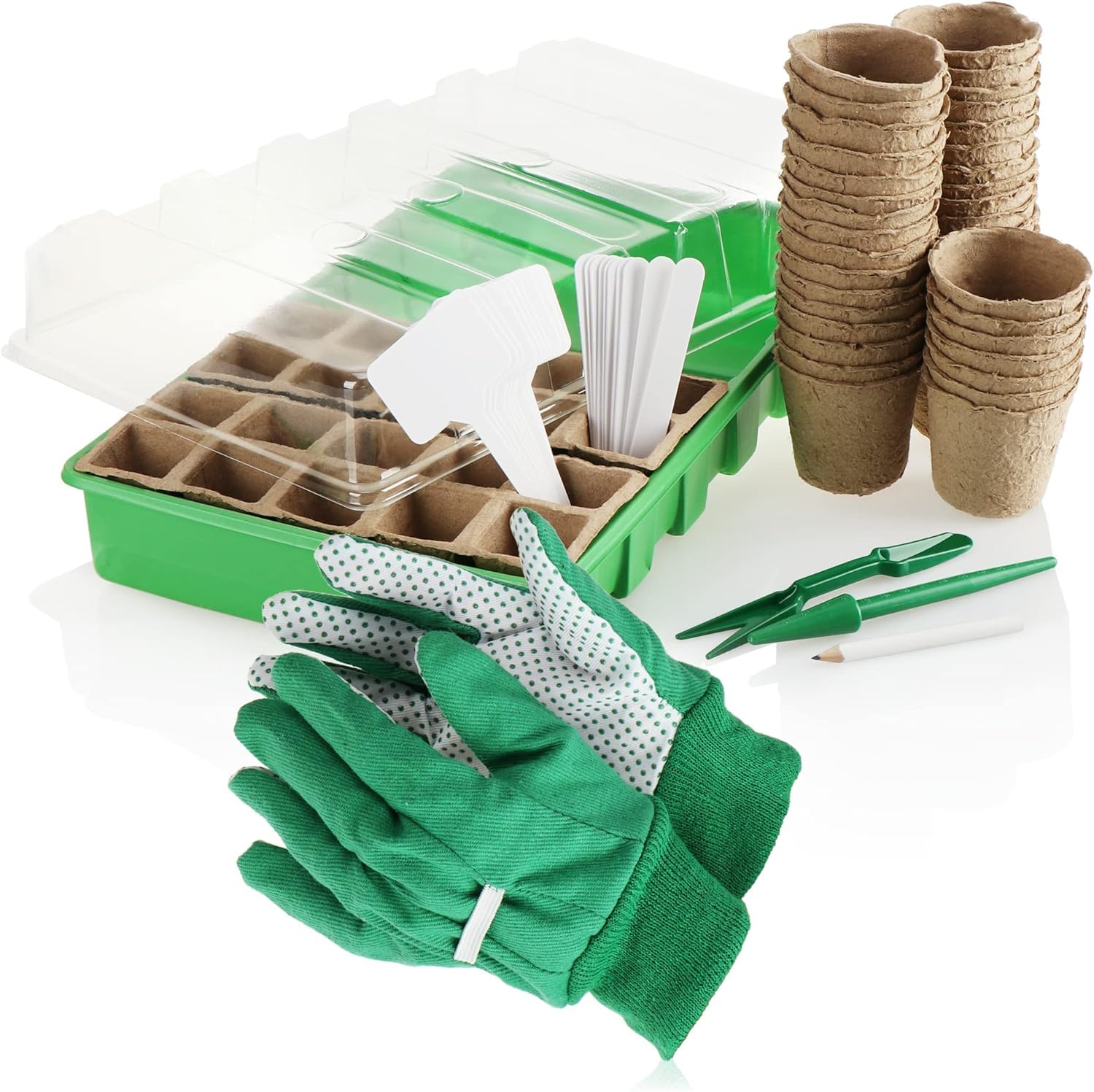 Muddy Hands 68 Piece Seed Tray Propagator Set With Lid - Indoor Mini Greenhouse For Seedlings, Seeds & Cuttings - Complete Garden Growing Kit With Pots, Labels & Tools