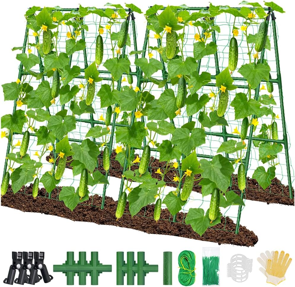 2Pack 51x35Inch Cucumber Trellis for Raised Bed, Adjustable A-Frame Garden Trellis for Climbing Plants Outdoor with Climbing Net, Meal Plant Trellis for Vegetables Pea Bean Tomato Squash Grape