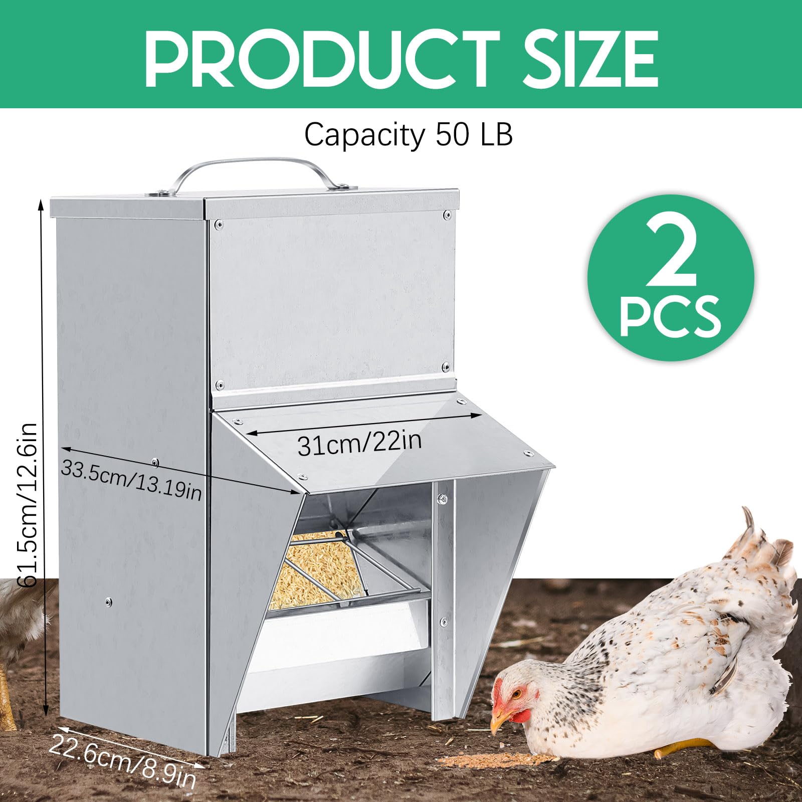 Uiifan 2 comederos galvanizados para pollo, resistentes a la intemperie, dispensador de alimentos para aves de corral con tapa, dispensador de comida de pollo, alimentador de pato, comedero de pollo a