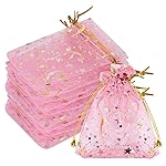 SUMAJU 100 Pieces Moon Star Organza Jewelry Candy Bags, 2.7x3.5 Inch Sheer Pink Organza Pouch Small Gift Bags with Drawstring for Wedding Baby Shower Christmas Party Favors