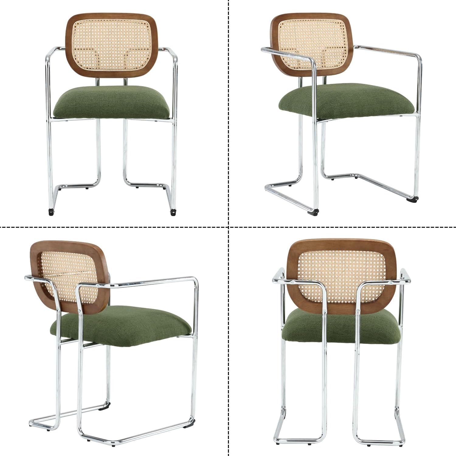 Esszimmerstühle 2er Set, Retro Küchenstühle mit Rattan Rückenlehne Gepolsterte Essstühle mit Metallgestell aus Leinen, für Esszimmer Wohnzimmer Küche Schlafzimmer​Lounge, Grün