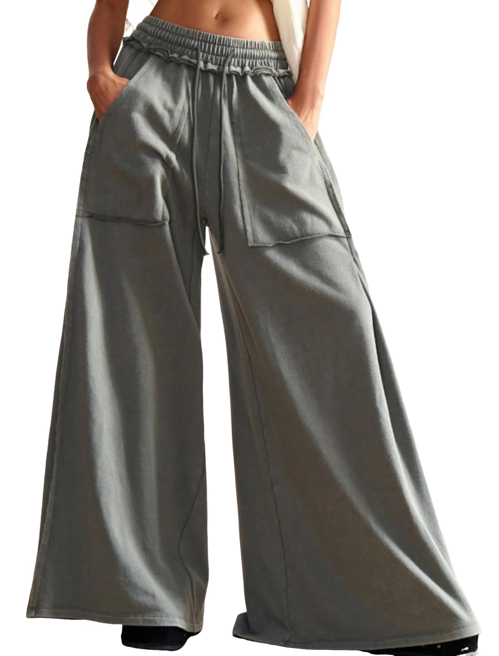 ZAFUL Womens Baggy Wide Leg Pants Casual Elastic Waisted Palazzo Drawstring Sweatpants with Pockets Patchwork Boho Pants