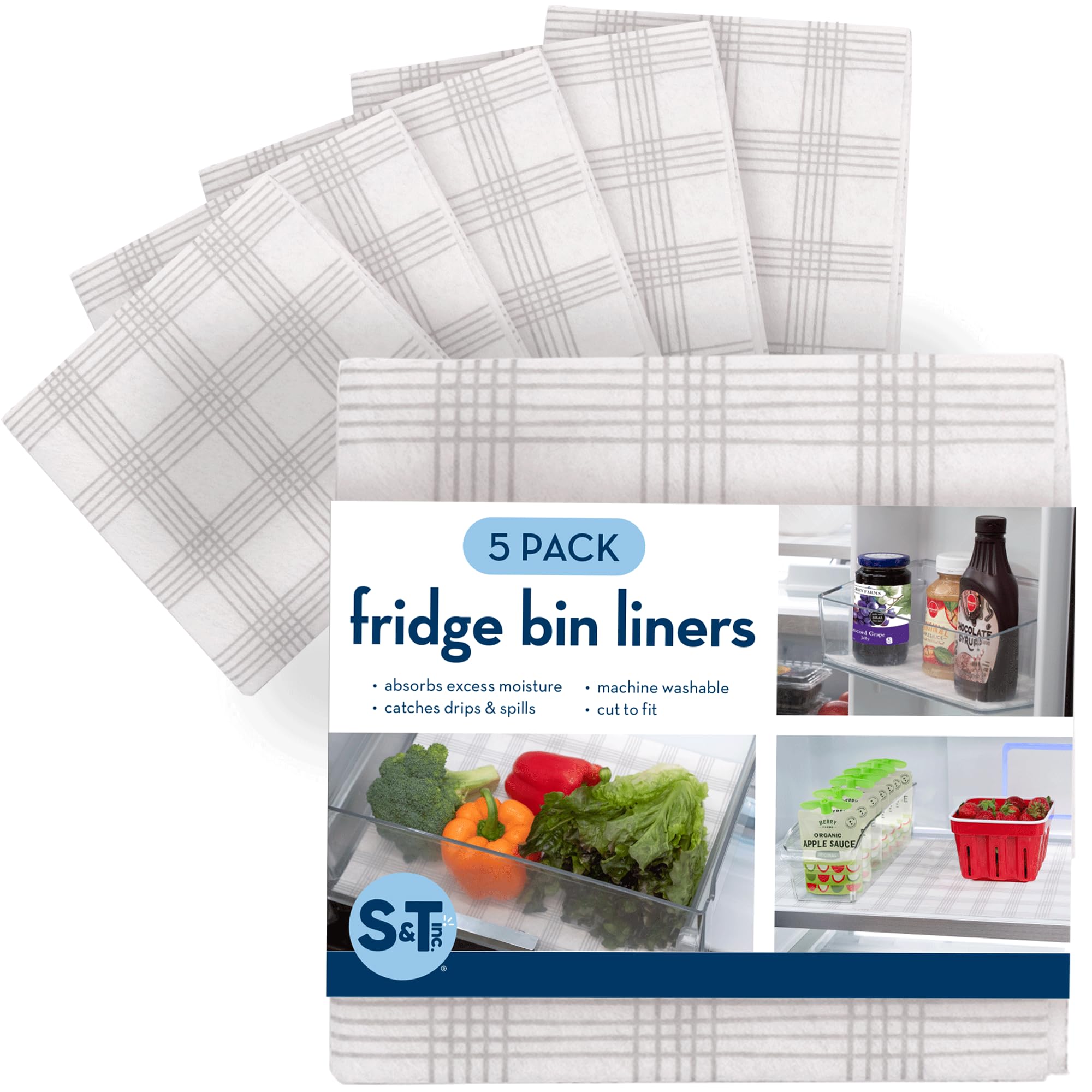 S&T INC. Shelf Liner Non Adhesive for Kitchen, Refrigerator Liners for Shelves, Washable and Absorbent Fridge Shelf Liner, 12 Inch x 24 Inch, Plaid, 5 Pack