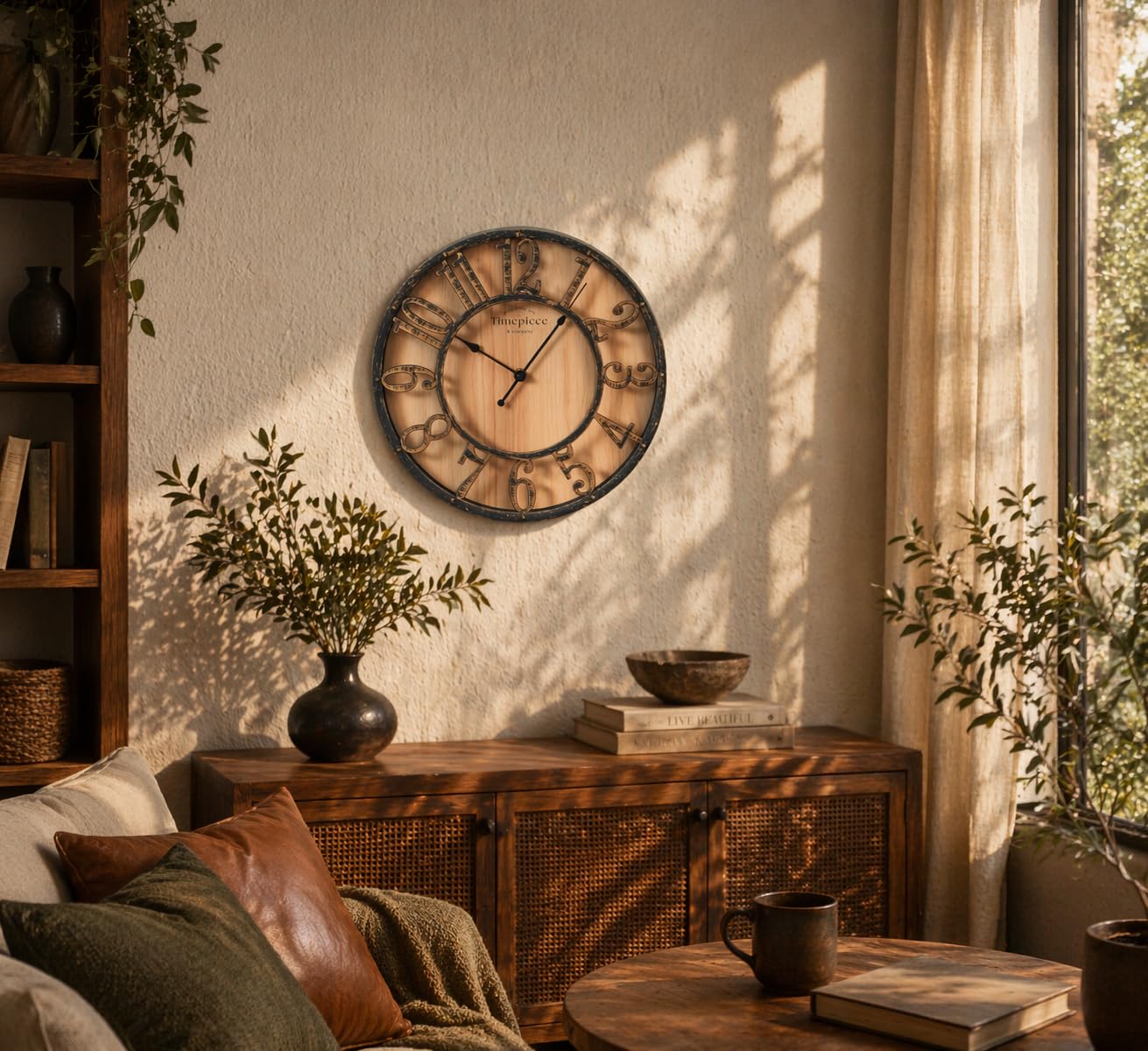 K&L Wall Art gran reloj de pared vintage de estilo industrial de casa de campo relojes de pared de aspecto madera-metal sin sonido de tictac reloj silencioso (Farmhouse Brown, Ø 50cm)