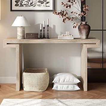 60 Modern Farmhouse Console Table, Double Layer Design with Storage Space, Distressed Natural Finish, Solid Wood Vintage Sofa Table Entryway Table for Living Room Light Oak-1
