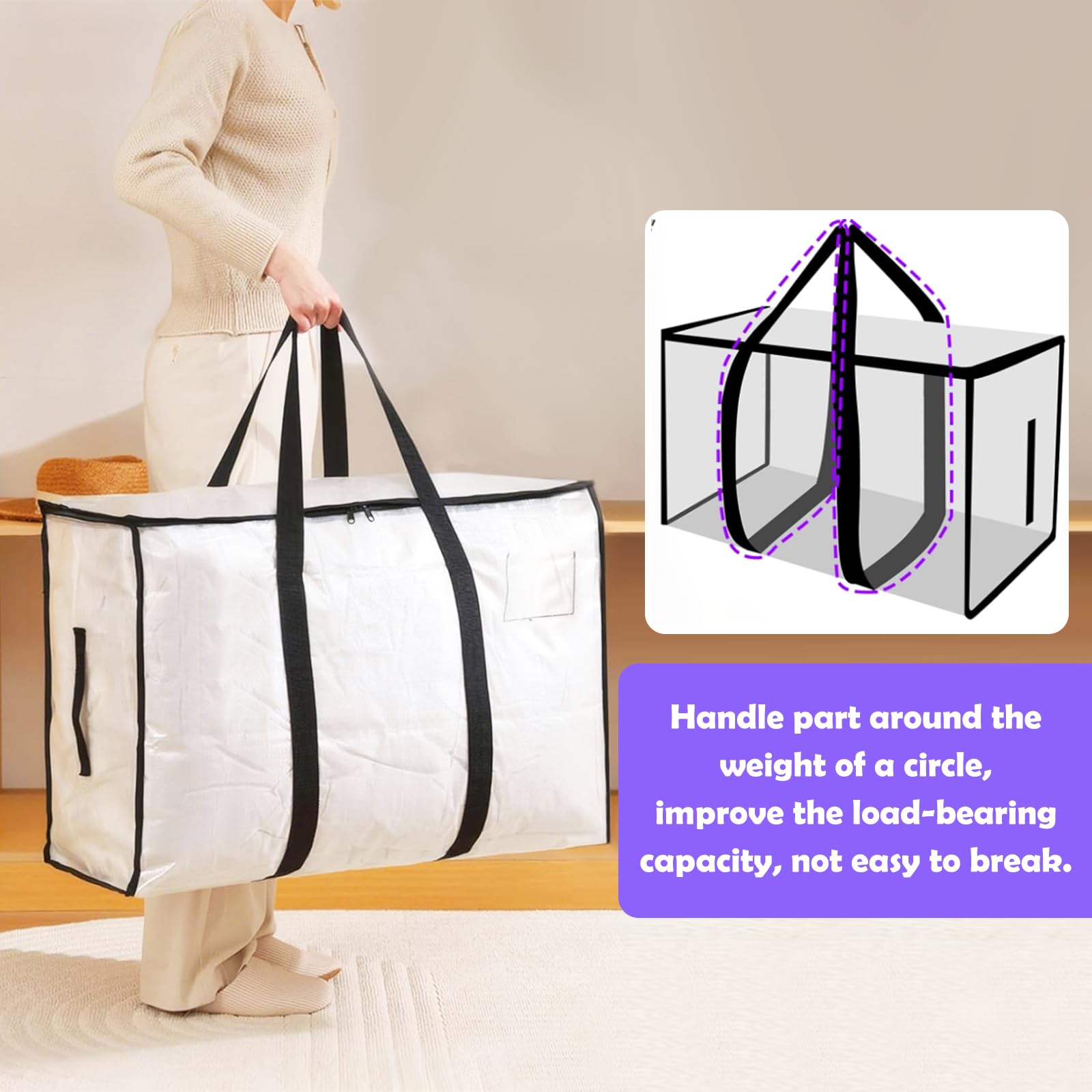 4 Piezas 90L Grande Bolsas Mudanza, Resistentes Bolsas Almacenaje Ropa con Correas Cremalleras y Asas, Alternativa a las Cajas de Mudanza, Impermeable Storage Bags para Guardar y Embalar