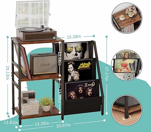 Miniatura 7 de Soporte de almacenamiento de discos de vinilo de 3 niveles, construcción de metal y madera con gran capacidad