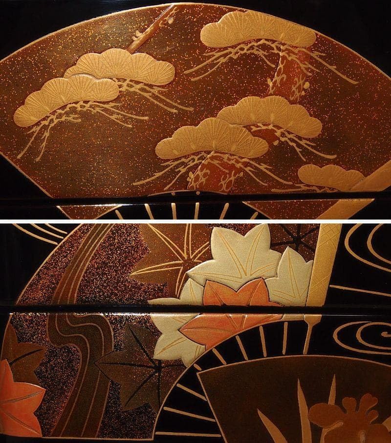 【高級・未使用】輪島塗 道甫作 扇面蒔絵 四段重箱 台付き お重/弁当箱 漆器 高級・輪島塗 道甫作 扇面蒔絵 四段重箱 台付き お重弁当箱 漆器