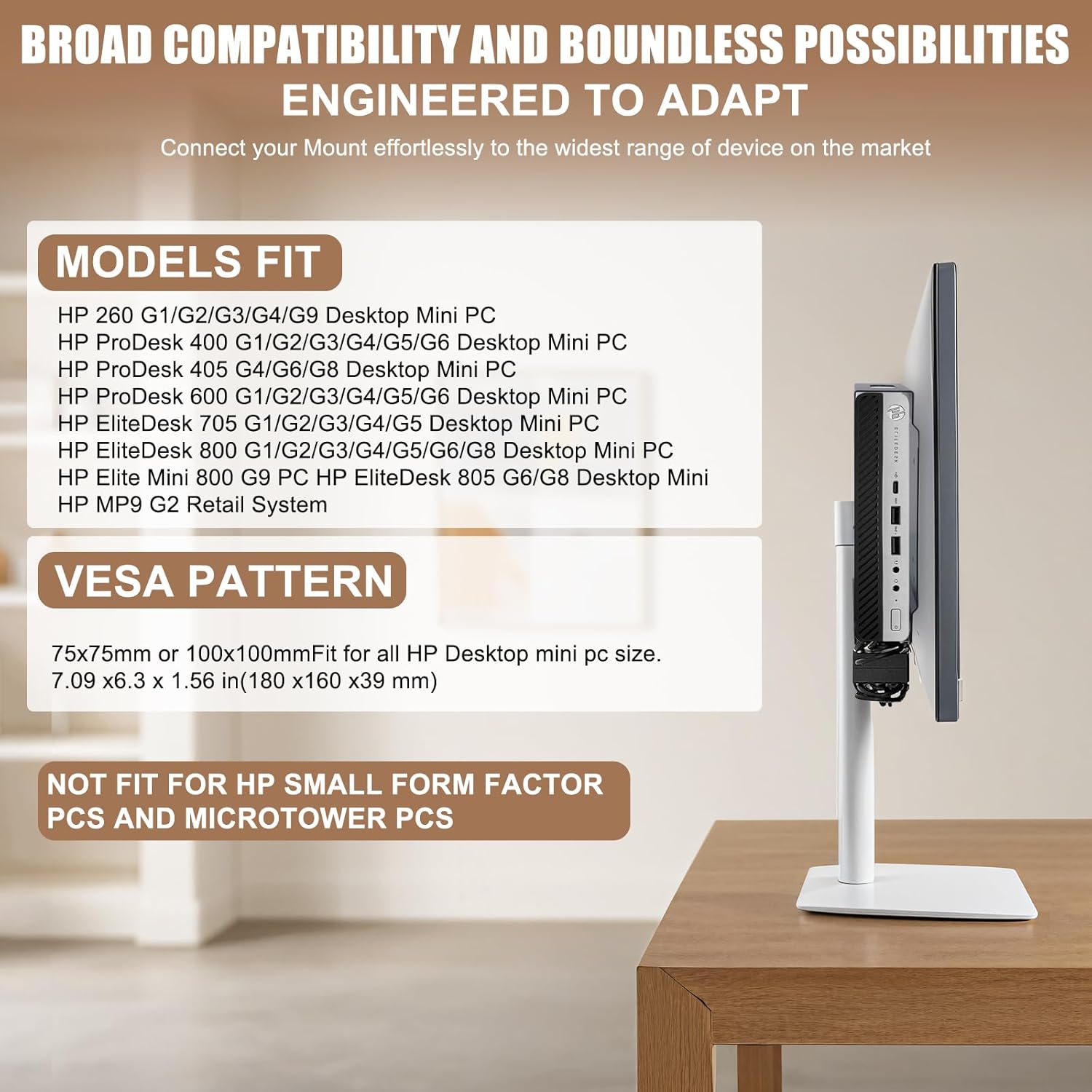 Wall VESA and Under Desk Mount for HP Mini PC, Mount for HP EliteDesk, Pro Mini, ProDesk, Replaces for Desktop Mini Dual VESA Sleeve V3,Support Desktop Mini PC Mount on an Arm, 75x75mm, 100x100mm