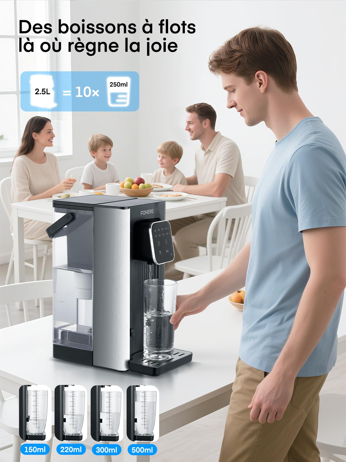 Distributeur d'eau Chaude, 2600 W, Eau Chaude en Quelques Secondes, 4 Niveaux de Température, 4 Quantités d'eau, Réservoir de 2,5 l, Compact et économe en énergie, écran tactile Numérique
