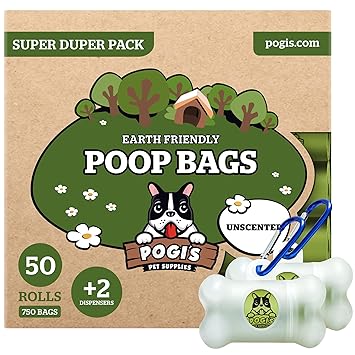 Pogis Poop Bags - 50 Unscented Rolls (750 Bags) +2 Dispensers - Large, Earth-Friendly, Leak-Proof Pet Waste Bags