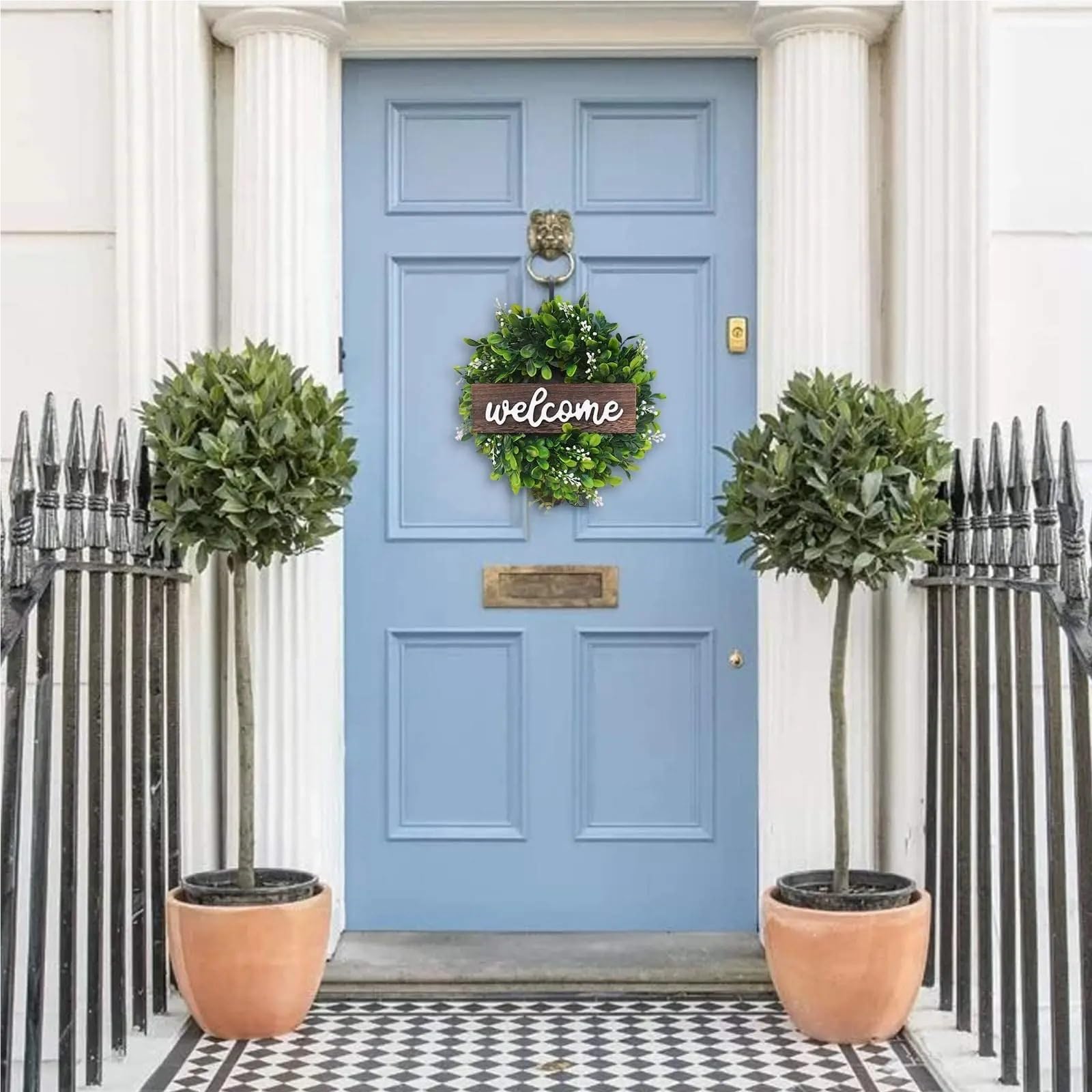 Ghirlanda Per Porta Ghirlanda di eucalipto verde con cartello di benvenuto, ghirlanda artificiale primaverile ed estiva for la decorazione della parete della porta d'ingresso in stile fattoria. Per Ag