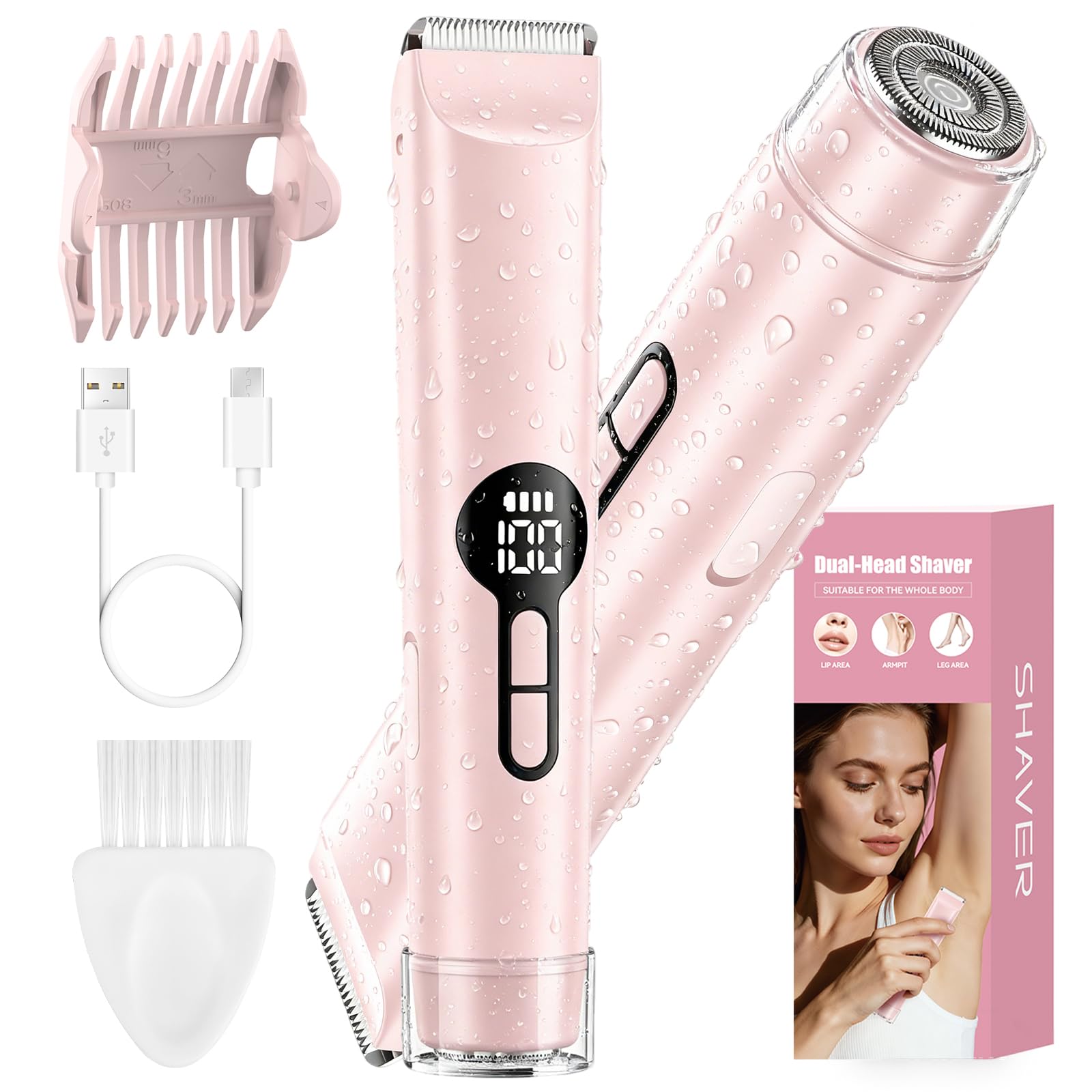 Bikini Trimmer for Women, 2-in-1 Electric Razor & Body Shaver, IPX7 Waterproof Lady Shaver with LED Display, USB Rechargeable Hair Remover for Bikini Area, Legs, Underarms & Face, Pink