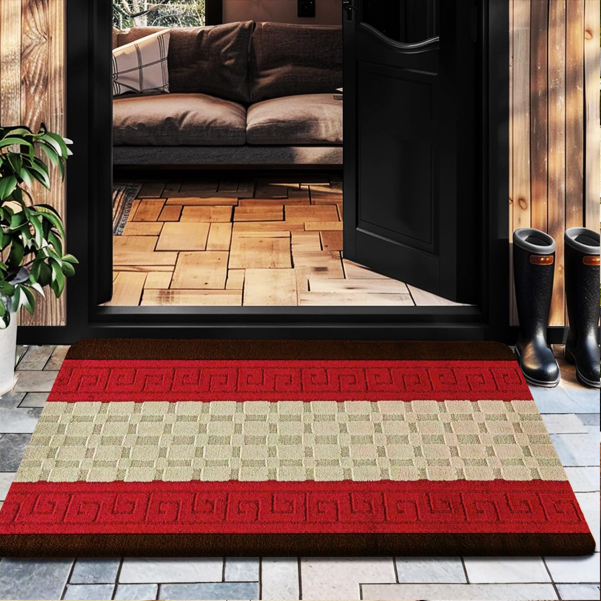 PHP Gel Back Non-Slip Washable Large Entrance Doormat |60 x 110 cm Outdoor and Indoor Dog Muddy Paws Floor Protector, Hallway, Bath and Kitchen - Brown Red