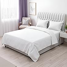 White Glace Cotton Satin Striped Plain Bedsheet 90x100 Double Bed with Two Pillow Covers (17x27)