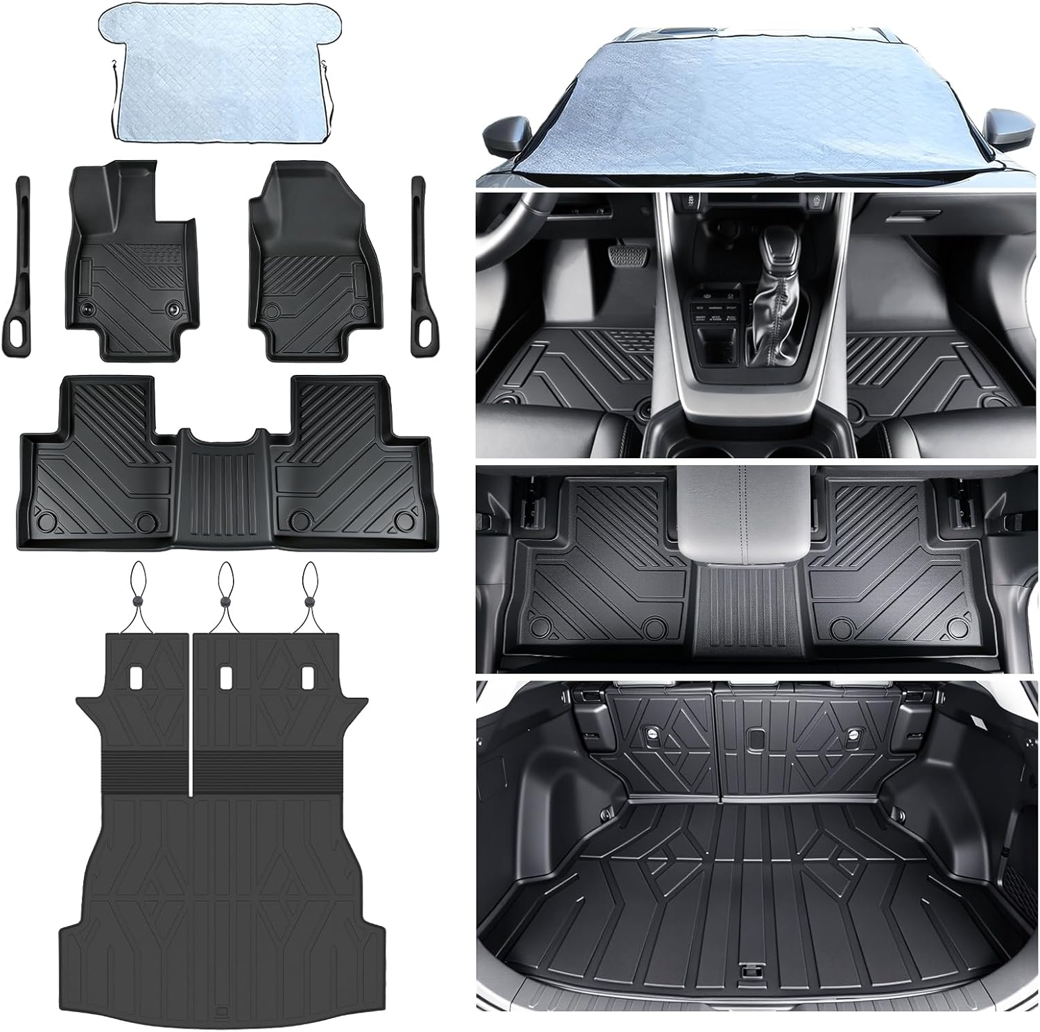 Floor Mats for Toyota RAV4 2019-2023 2024 2025 (Not for Hybrid), All Weather Protection Custom Floor Mats Trunk Cargo and Car Windshield Cover Set for Car Accessories,Car Floor Liners Set