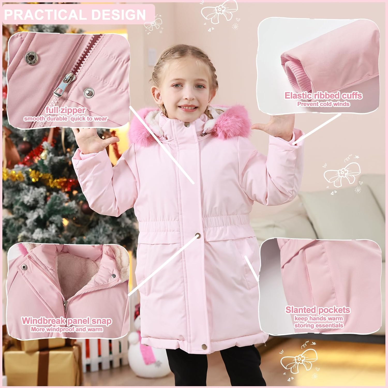 5-12 Years Girls Winter Coat Long Puffer Jacket Outwear Warm Quilted Coats Parka Kids Removable Hood Fleece Inner - Image 8