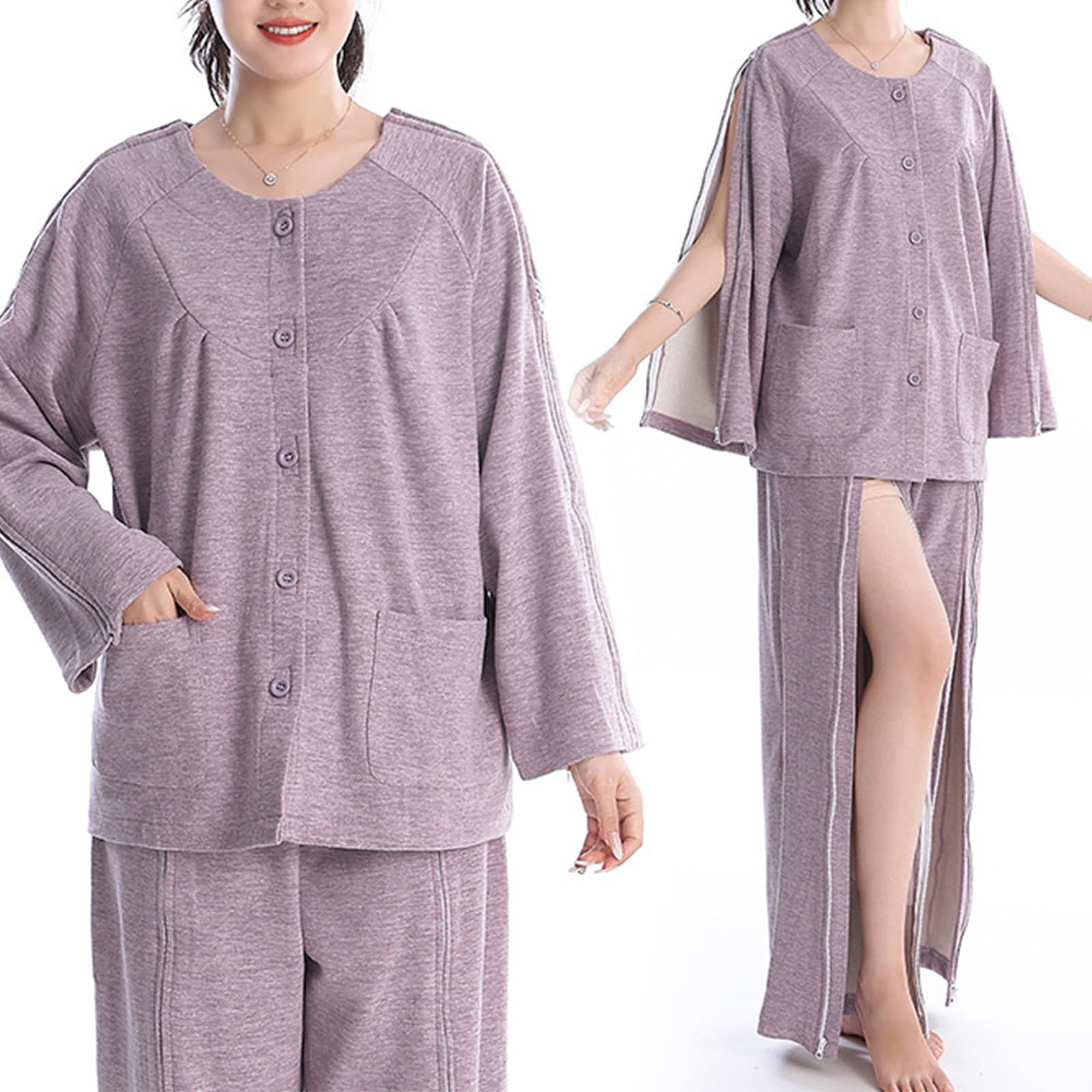 Bedridden Patient Kleidung, Pflege Frauen Krankenhaus Kleid Weiches Patienten Kleid, Fraktur Wiederherstellung Anzug Krankenhaus Pyjamas,Rosa,XXL