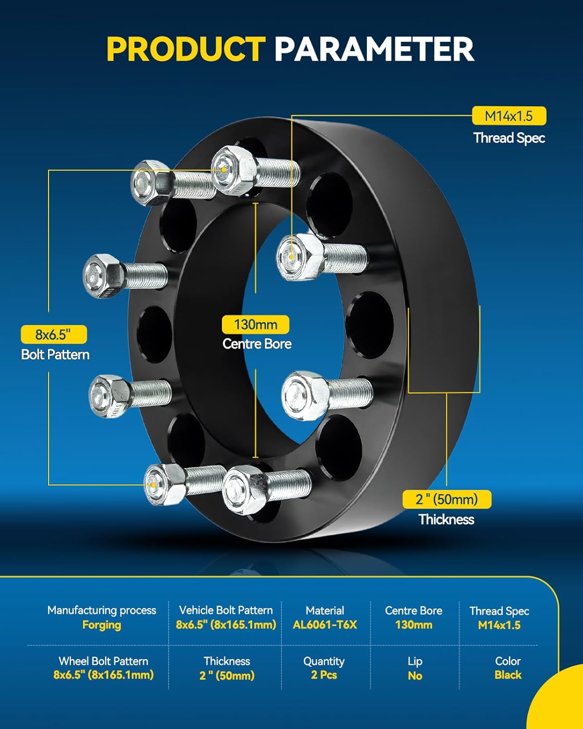 PHILTOP 8x6.5 2" Wheel Spacers for 2500,2 Pcs Lug Wheel Spacers with 130mm Hub Bore M14x1.5 Studs fit for 2500, Silverado 1500, Silverado 2500 HD, 3500, Sierra 1500