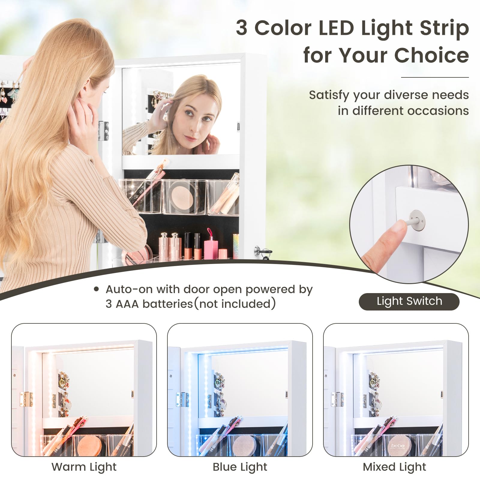 RELAX4LIFE Schmuckschrank mit 2 Spiegel, Spiegelschrank mit 3-farbigen LED-Lichtern & Schloss, Schmuckorganizer für Ohrringe & Armband & Kette & Ringe & Kosmetik, Wand-/Türmontage (Weiß)