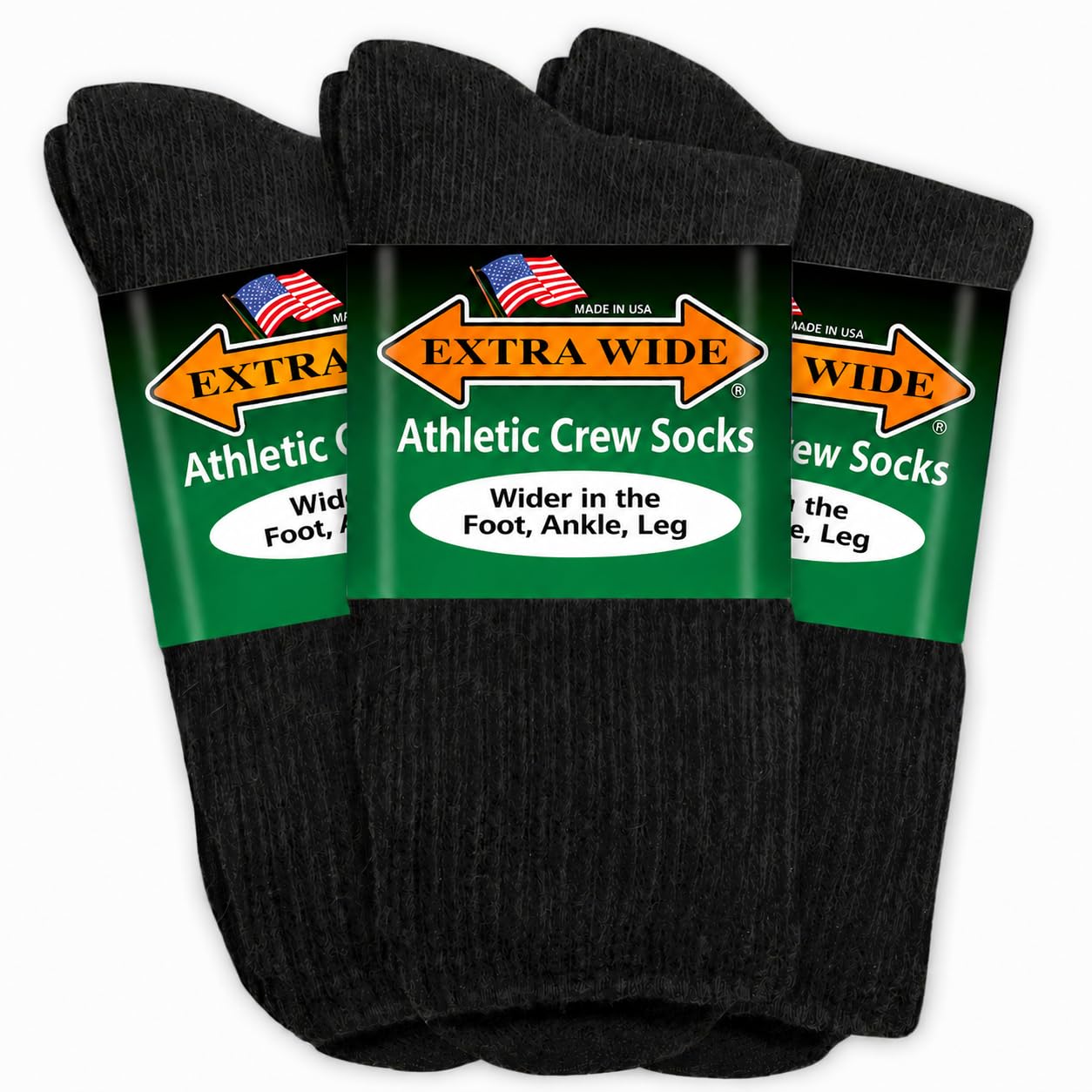 Athletic Crew Socks - 3 Pack, Up to 6E, Non-Binding, Made in USA