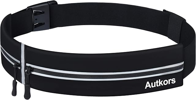 Autkors Running Belt, Waist Pack Fitness Belt with Adjustable Elastic Strap - Soft Sweat-Proof Fabric and Headphone Hole Convenient for Running, Exercise, Cycling, Travel & Other Outdoors