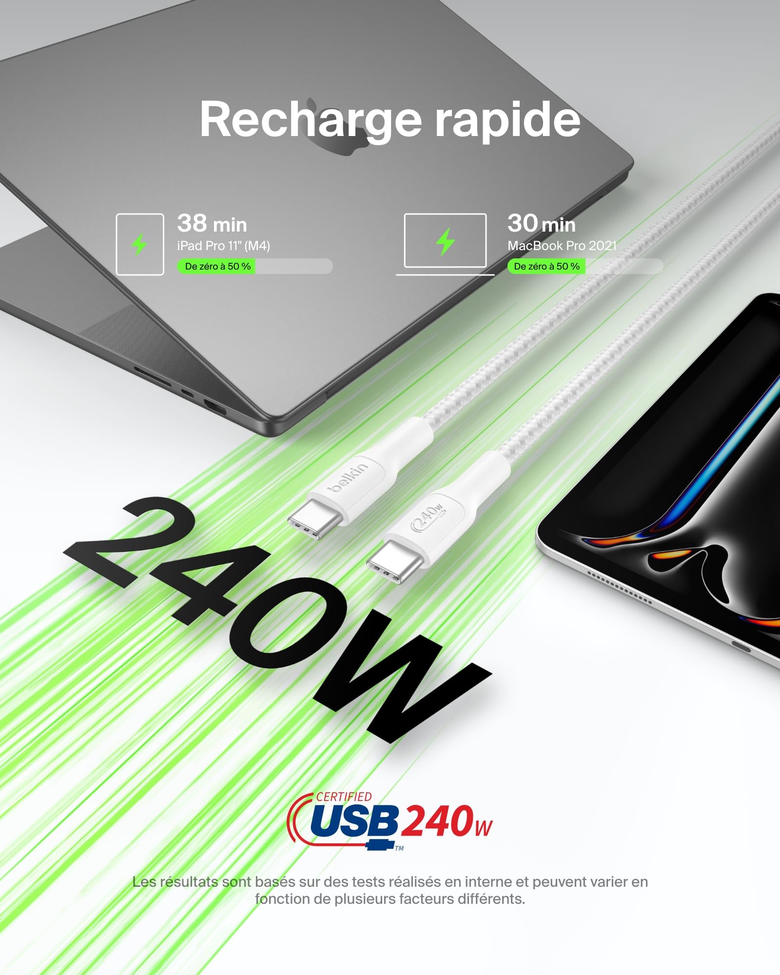 Belkin Eco Câble USB-C vers USB-C avec gaine tressée, 3 m, 240 W, doux au toucher, souple, Câble de recharge rapide, pour iPhone 16, Galaxy S25, Pixel 9, MacBook, iPad Pro, etc. - Blanc (USB 2.0)