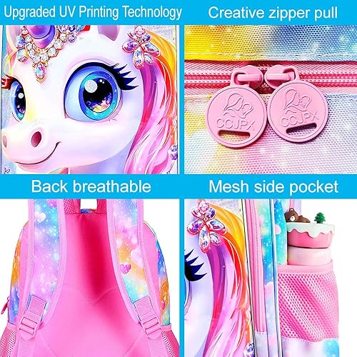 Miniatura 5 de Mochila de 16 pulgadas para niñas, juego de 3 mochilas escolares para primaria preescolar Kindergarten, bolsa para niños con lonchera, Unicornio