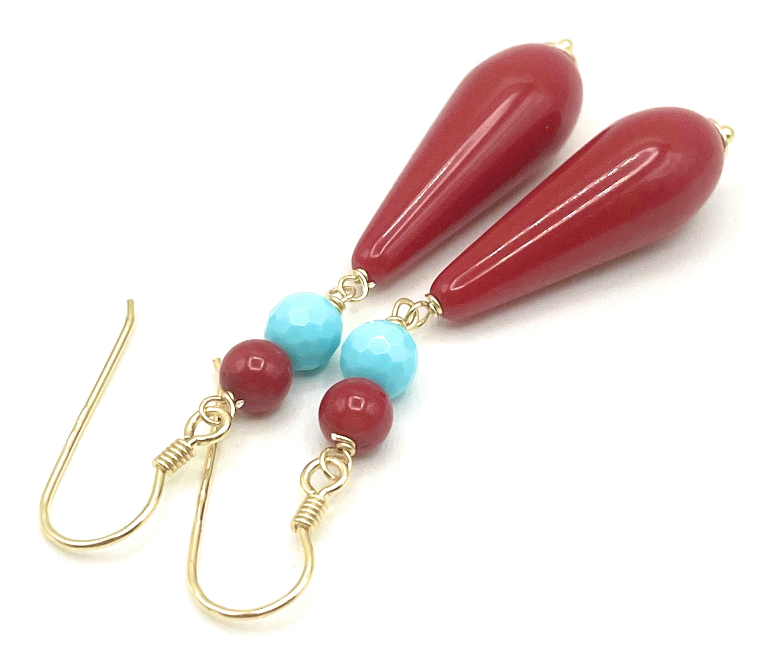 Orecchini con Gocce Rosse Corallo e Turchesi, Pendenti Lunghi, Vermeil Oro 24 K, Gioielli Artigianali, Bijoux Estate, Made in Italy