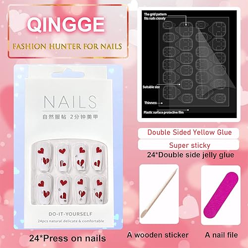 Miniatura 2 de QINGGE Uñas postizas blancas a presión con diamantes de imitación largos corazón rojo uñas postizas con pegamento uñas acrílicas para el día de San