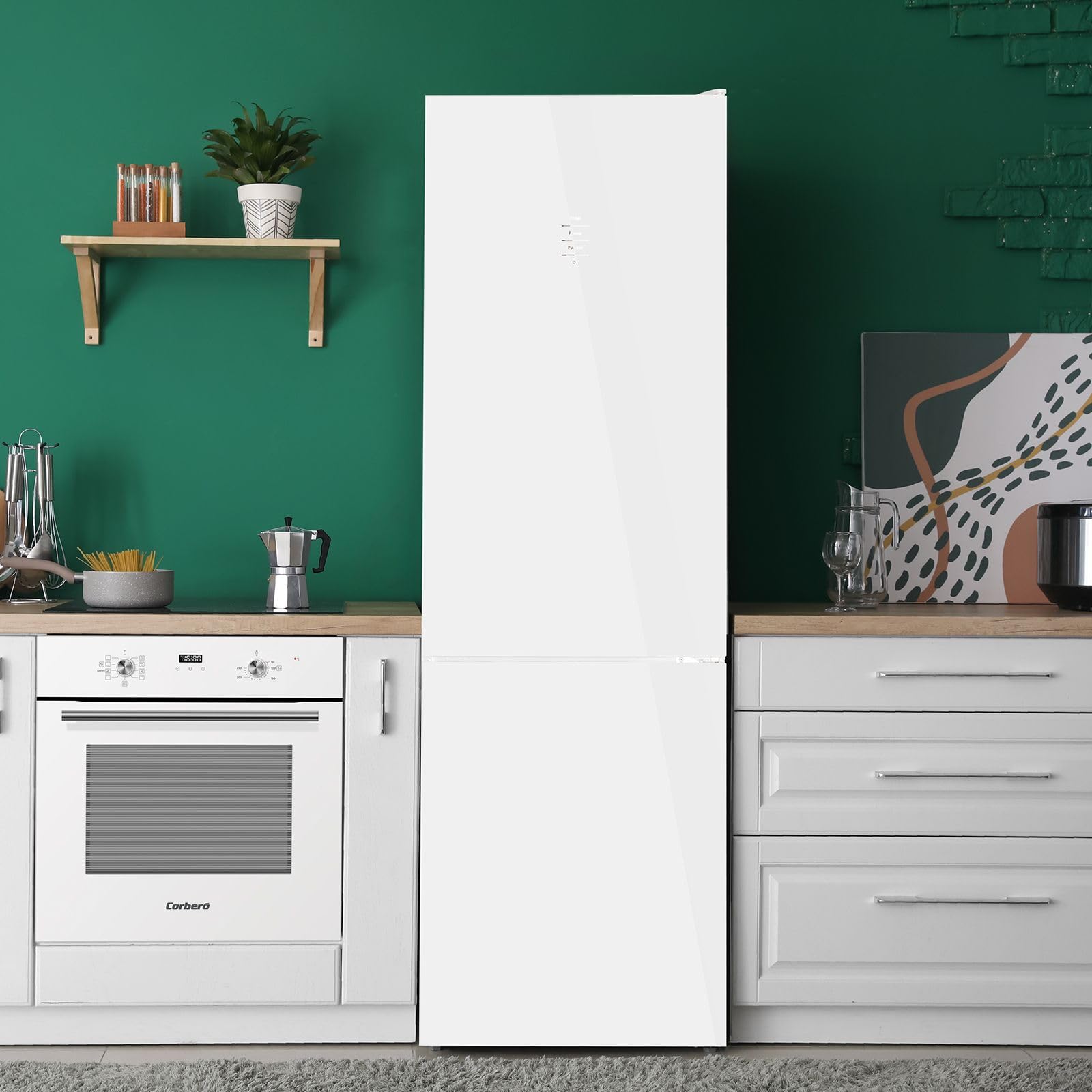 Corbero - Frigorífico Combi | CCGLML201725NFW | No Frost | Inverter | 356L | 200cm | Display Puerta | Fresh Box | Cajón Crisper | Estantes cristal | Cristal Blanco