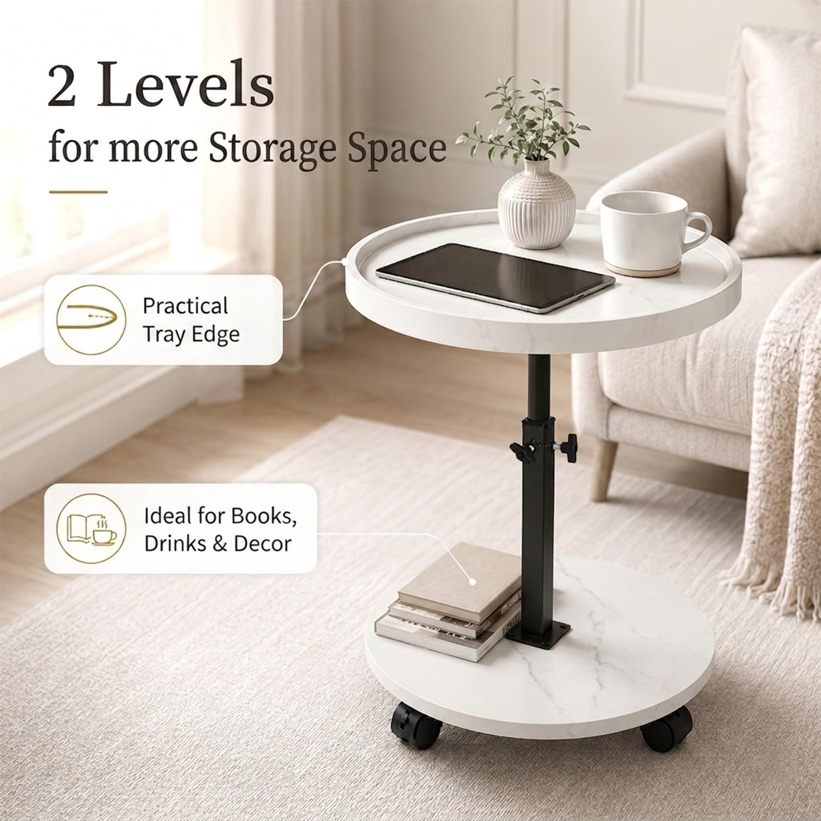 Tavolino da Divano Laterale Rotondo con Ruote, Regolabile in Altezza 45–80 cm, Girevole 360°, in Legno Finitura Noce, Tavolino Salvaspazio per Soggiorno e Camera da Letto, Ideale per Laptop